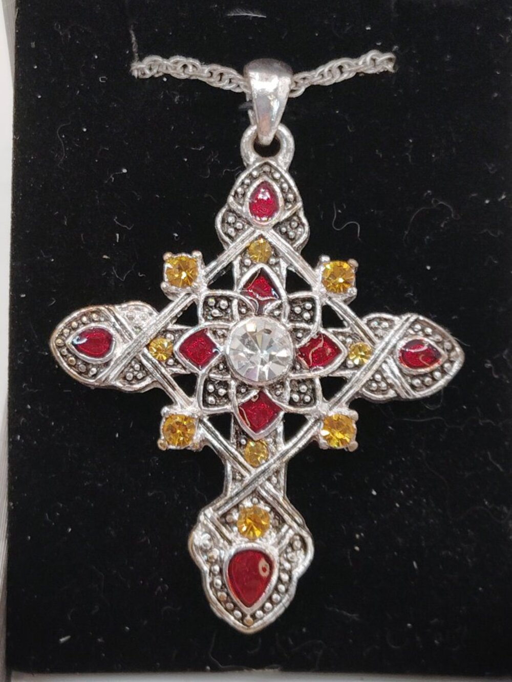 Devotions Silver‑Tone Cross Necklace w/ Red & Amber Crystals – New in Box